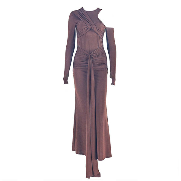Crewneck long sleeve ruched hollow out maxi dress