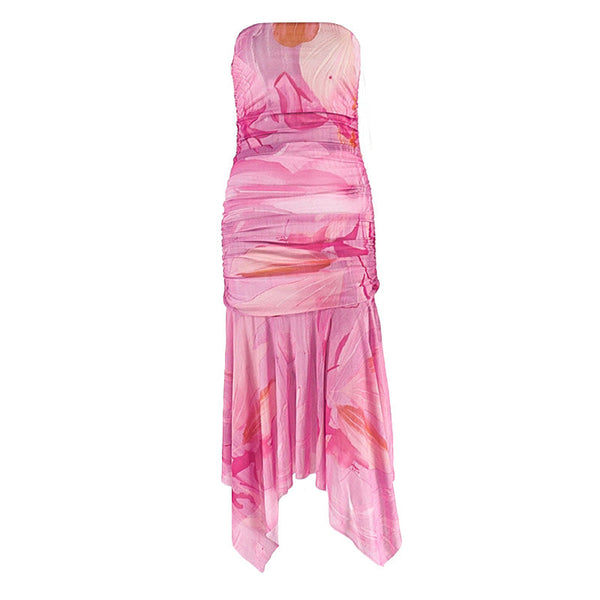 Irregular print mesh tube maxi dress