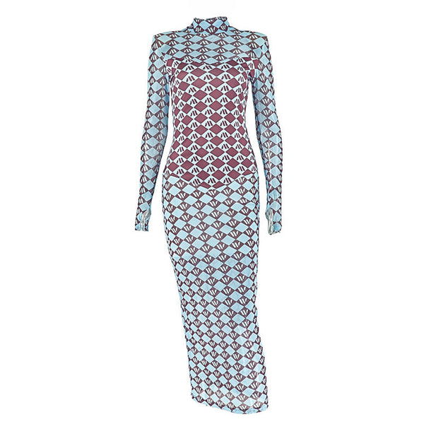High neck long sleeve mesh print maxi dress