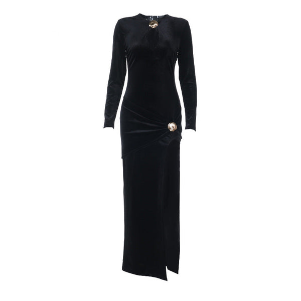 Long sleeve hollow out velvet slit maxi dress