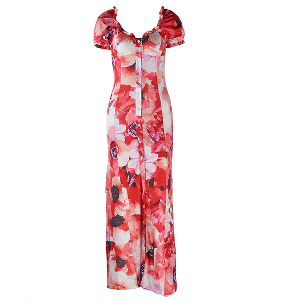 Short sleeve v neck flower print button maxi dress