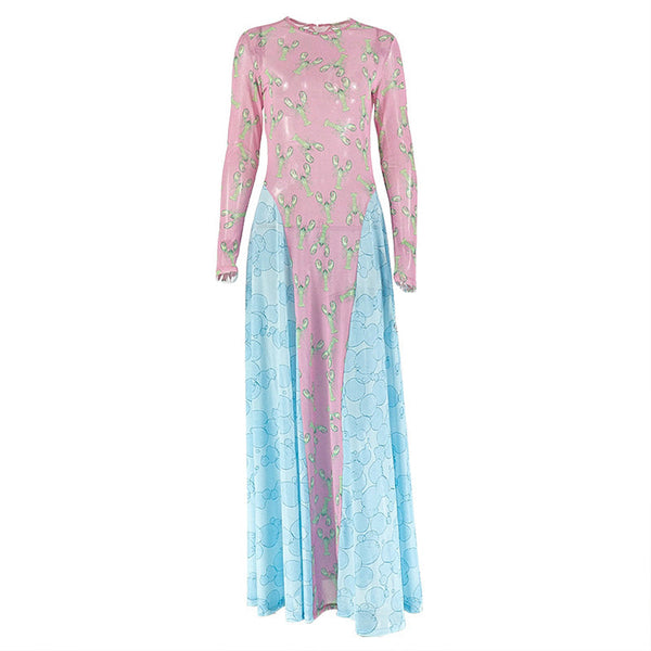 Long sleeve print crewneck mesh maxi dress