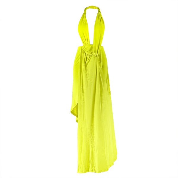 Halter ruched irregular deep v neck maxi dress