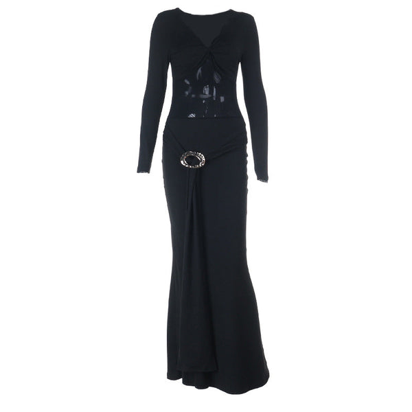 Long sleeve v neck ruched solid maxi dress