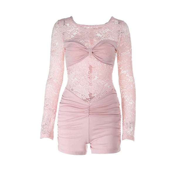 Lace long sleeve round neck ruched zip-up romper