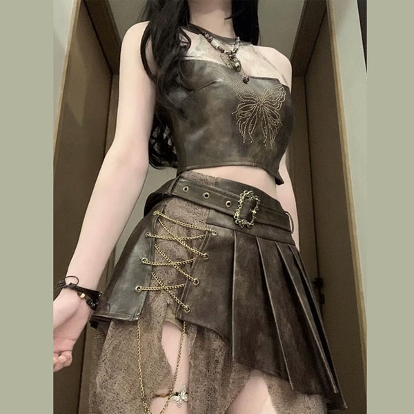 Metal chain pleated butterfly pattern irregular mini skirt set