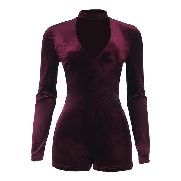 Long sleeve hollow out zip-up solid romper