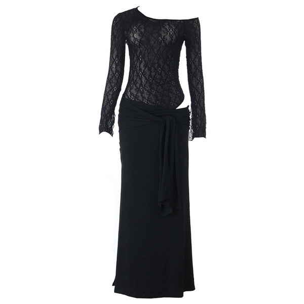 Ruched long sleeve lace hollow out maxi dress