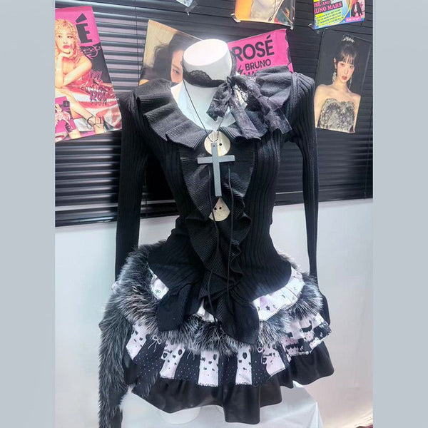 Long sleeve ruffle fluffy mini skirt set