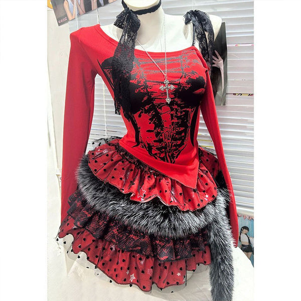 Long sleeve fluffy polka dot lace hem mini skirt set