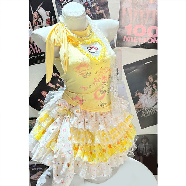 Bowknot " hello kitty " print ruffle mini skirt set