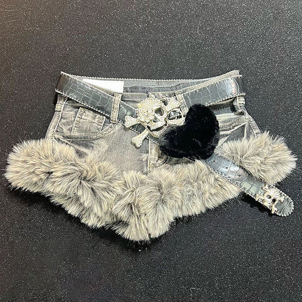 Fluffy low rise belt solid denim shorts