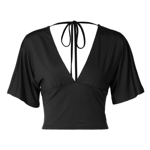 Short sleeve v neck self tie backless top