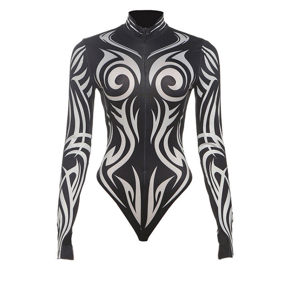 Long sleeve high neck zip-up print gloves bodysuit