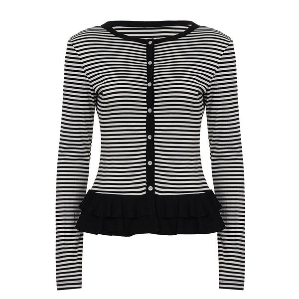 Crewneck button long sleeve ruffle striped top