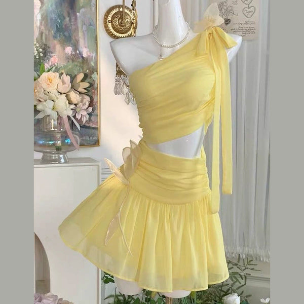 One shoulder chiffon self tie irregular mini dress