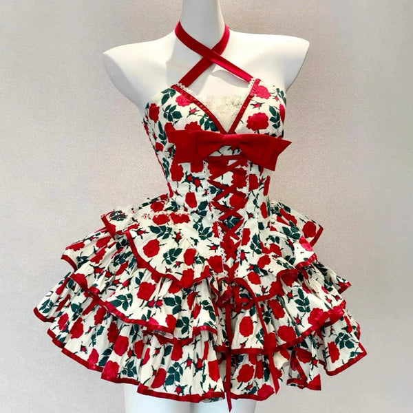 Bowknot flower print lace hem cross front mini dress