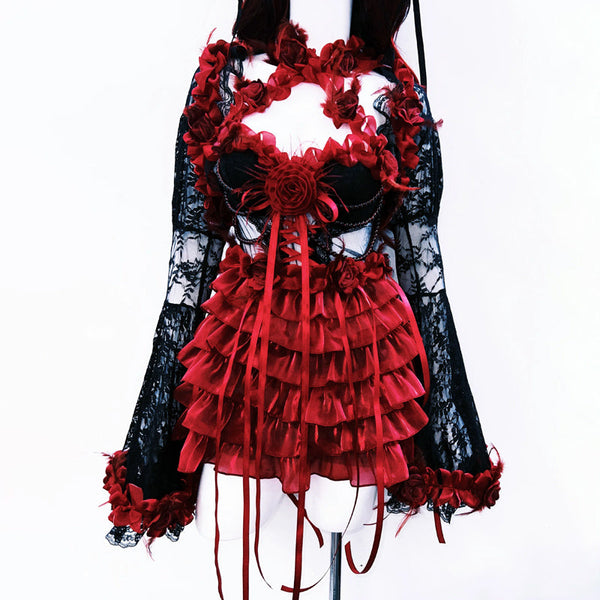 Long flared sleeve flower applique ruffle lace mini dress