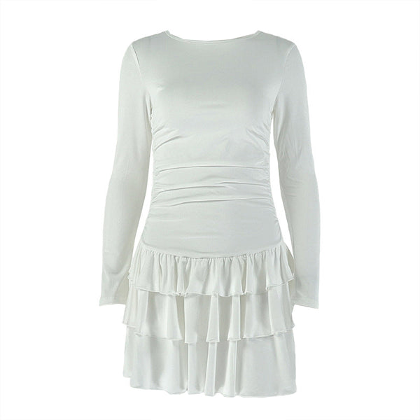 Long sleeve crewneck ruffle mini dress