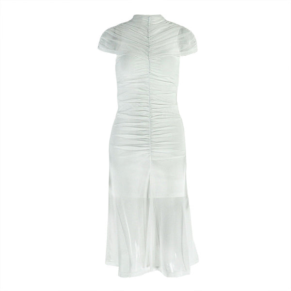 High neck short sleeve ruched maxi dress