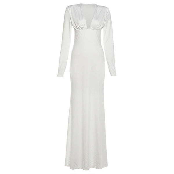 Long sleeve v neck low cut solid maxi dress