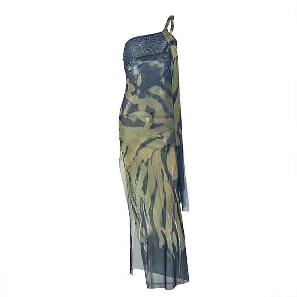 One shoulder high slit mesh maxi dress