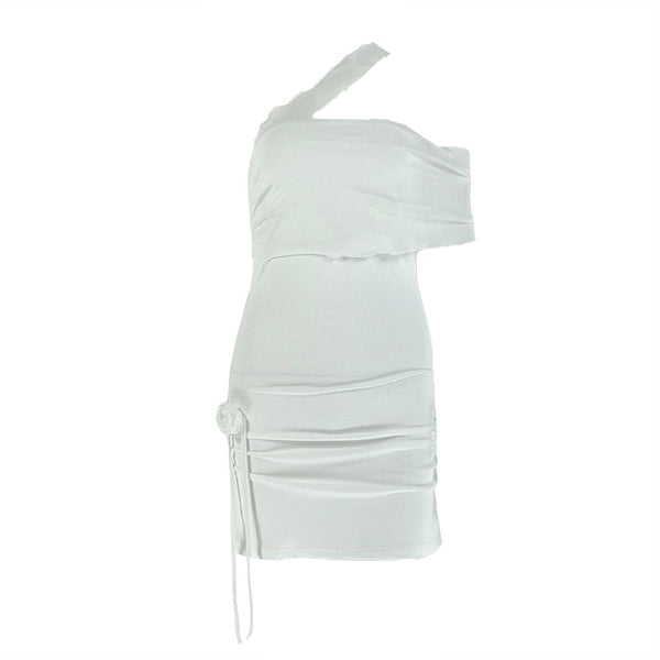 One shoulder mesh flower applique slit mini dress