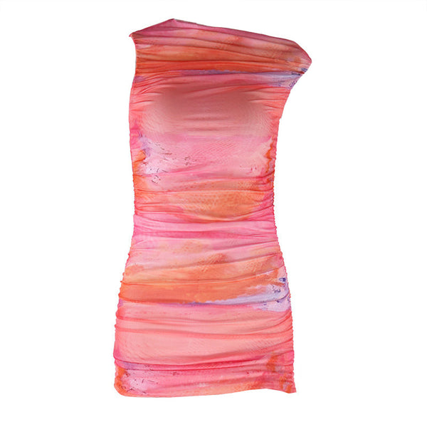 Ruched contrast print irregular mini dress