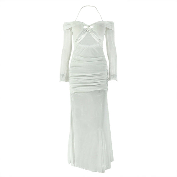 Long sleeve off shoulder halter hollow out mesh maxi dress