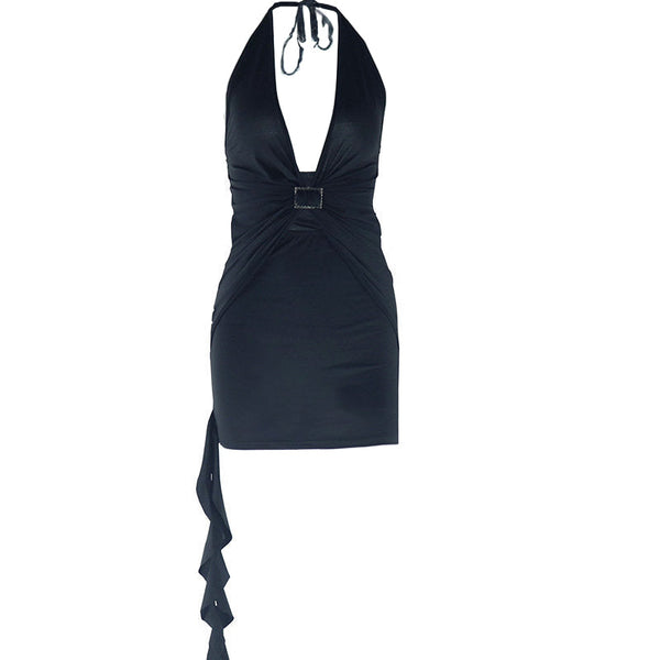 Halter ruffle backless self tie mini dress