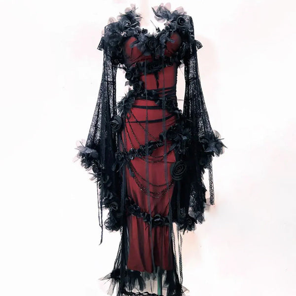 Long flared sleeve lace flower applique beaded maxi dress