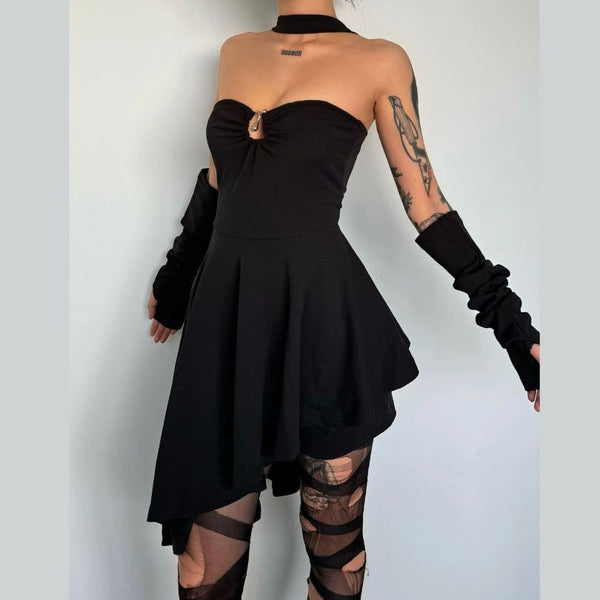 Irregular solid halter gloves o ring backless mini dress