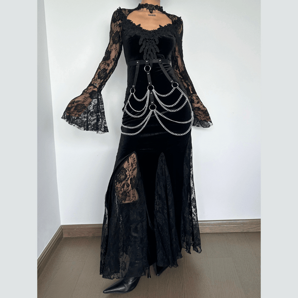 Long flared sleeve crewneck lace embroidery ruffle maxi dress