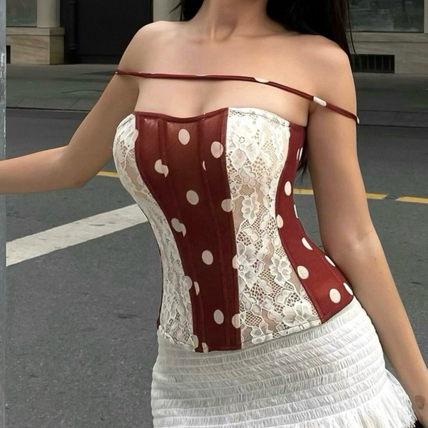 Lace polka dot corset backless tube top