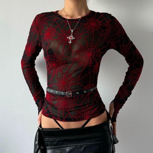 Long sleeve spider web see through top