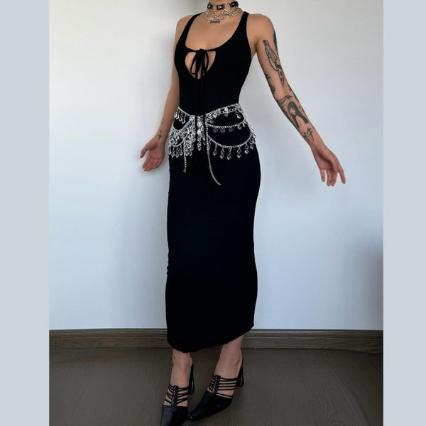 U neck self tie hollow out solid maxi dress