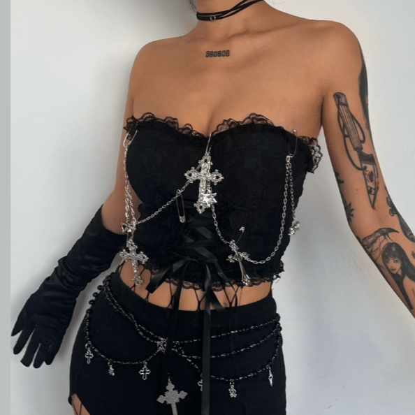 Metal chain lace up sweetheart neck tube top