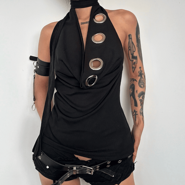 Halter backless hollow out ribbed cowl neck solid top goth Alternative Darkwave Fashion goth Emo Darkwave Fashion