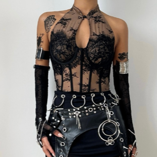 Halter button lace hollow out corset top