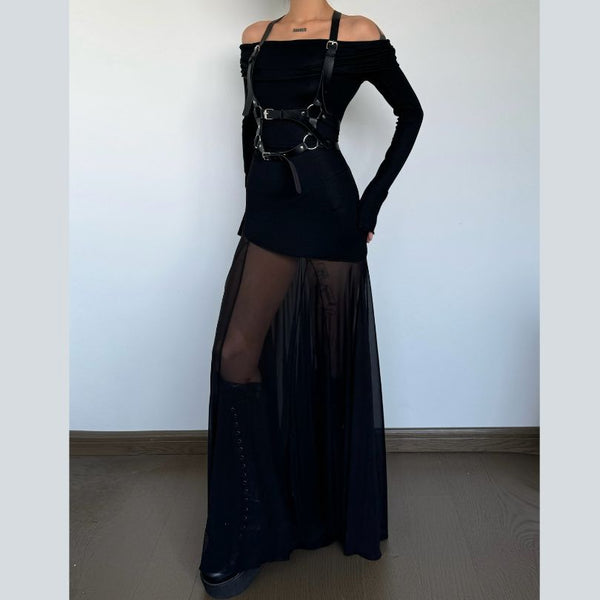 Long sleeve off shoulder mesh patchwork ruched maxi dress