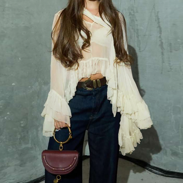 Long sleeve ruffle v neck see through top