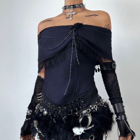 Off shoulder tassels beaded ruched top