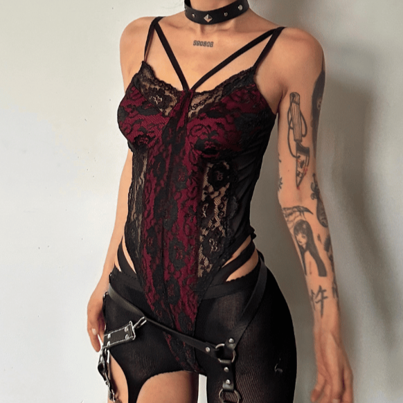 Patchwork v neck lace contrast bodysuit