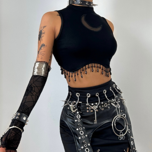 ノースリーブハイネックムーン柄ビーズクロップトップ