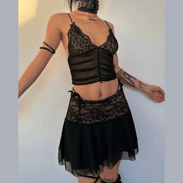 Lace v neck ruched mesh patchwork cami mini skirt set