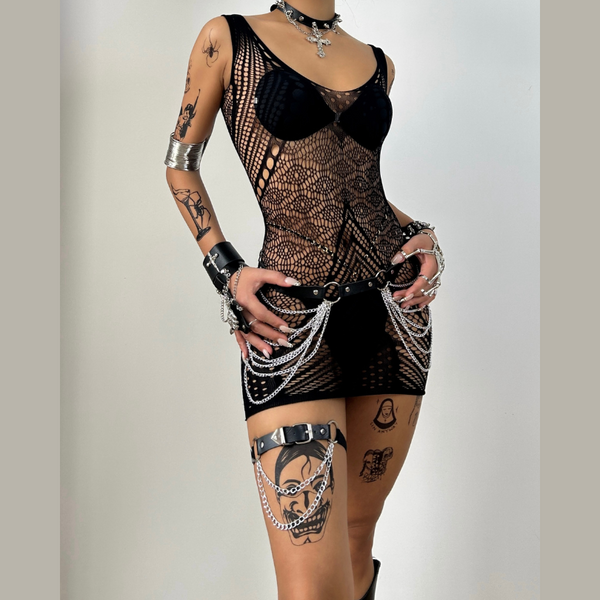 U neck net patchwork backless cami mini dress