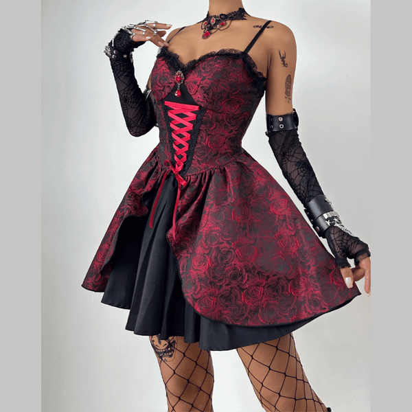 Lace up ruffle zip-up cami mini dress