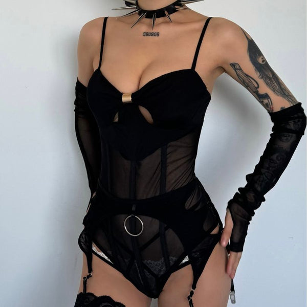 Gloves mesh hollow out button corset cami bodysuit