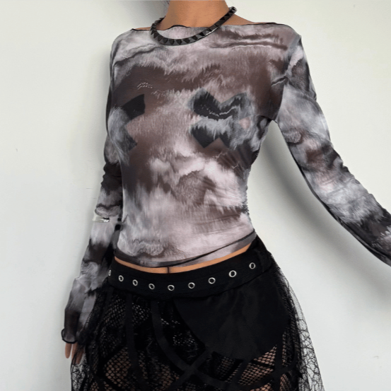 Long sleeve sheer mesh tie dye top