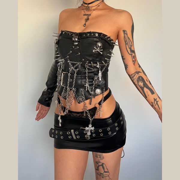 Zip-up rivet metal chain skull zip-up tube top